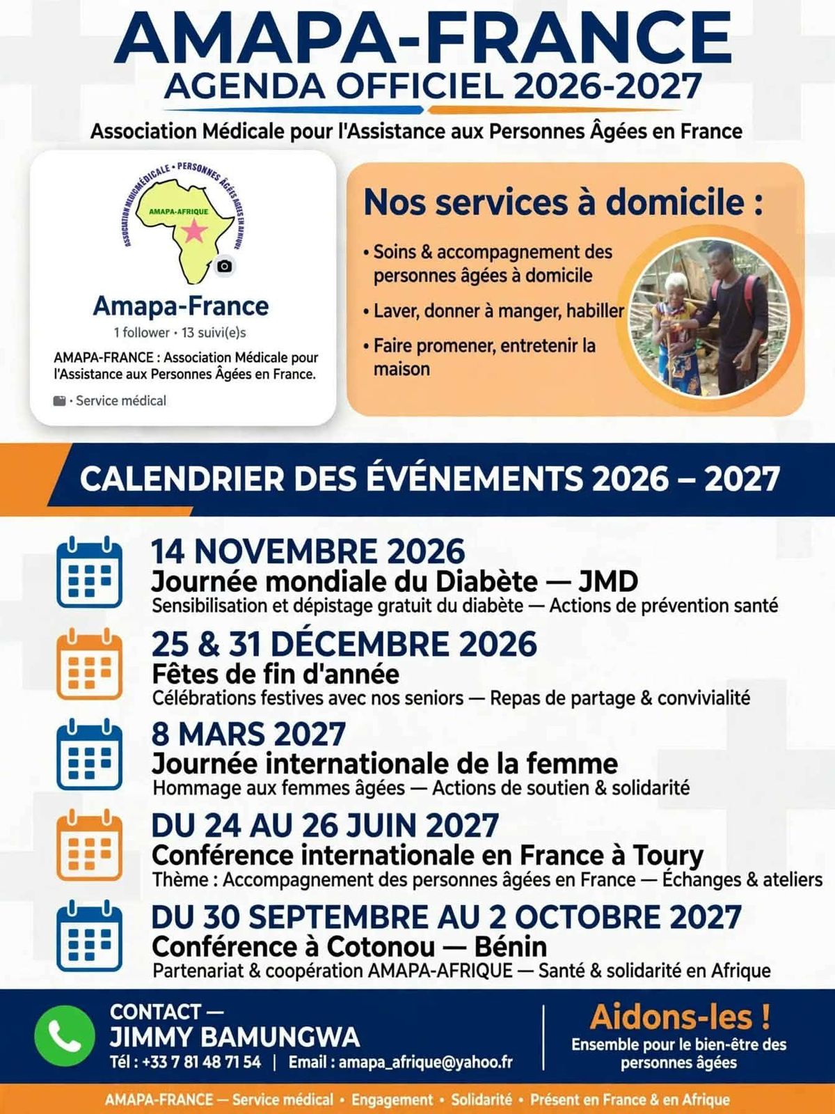 Affiche de l'agenda officiel AMAPA-FRANCE 2026-2027 listant les cinq rendez-vous de l'association